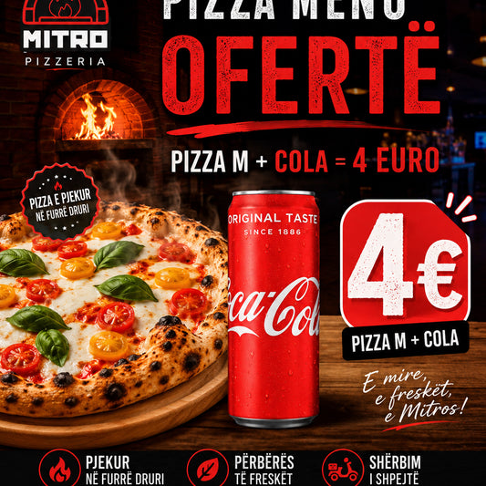 Promotional poster for Mitro Pizzeria with a pizza and Coca-Cola can, featuring a pizza menu offer.